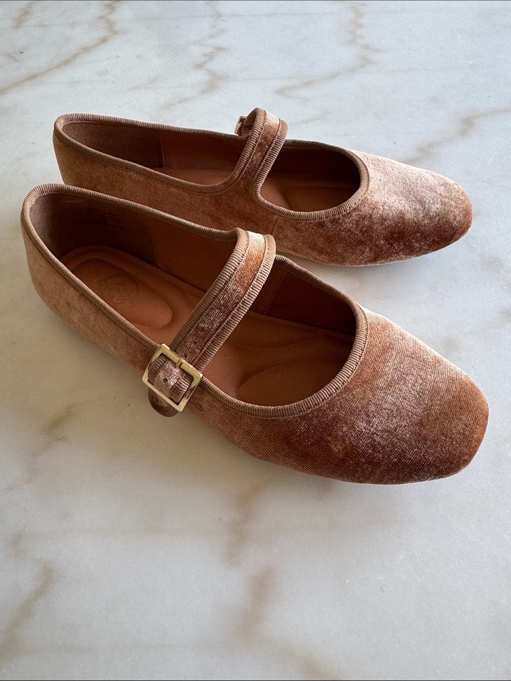 Velvet Mary Jane Flats in Light Brown